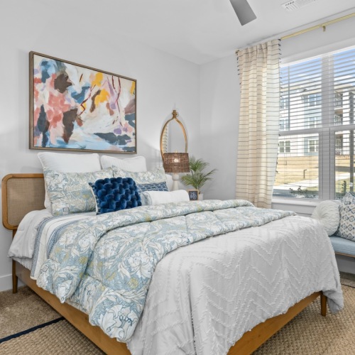Bedroom with natural lighting and high ceilings